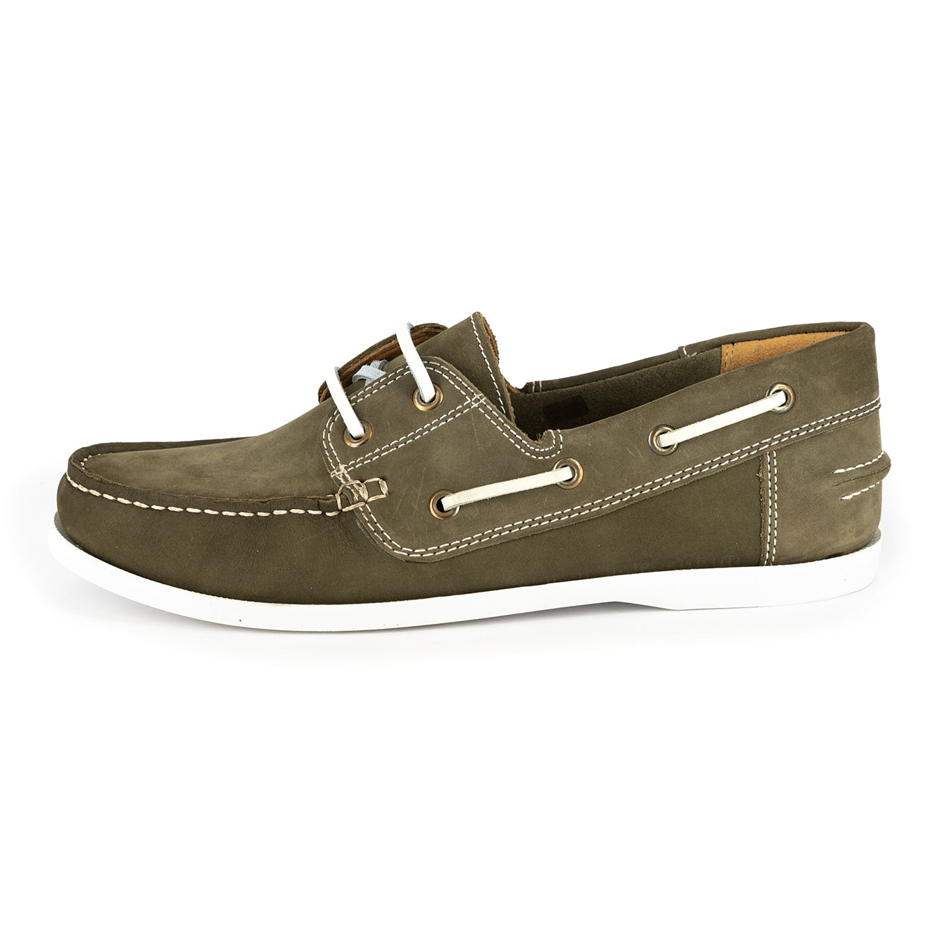 Exwaya : Mens Leather Boat Shoe in Olive Nubuck