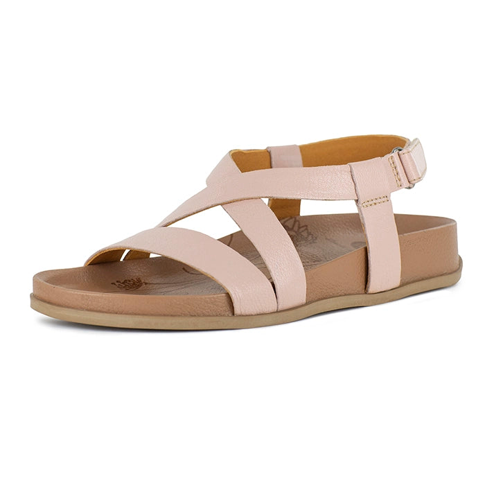 Pink sandal with multiple straps on a white background