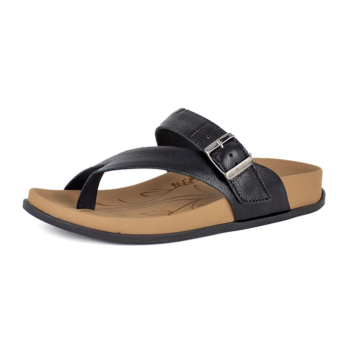 Black sandal with a tan sole on a white background
