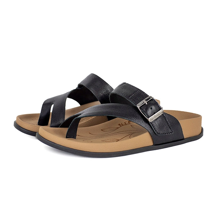 Black sandals with tan soles on a white background