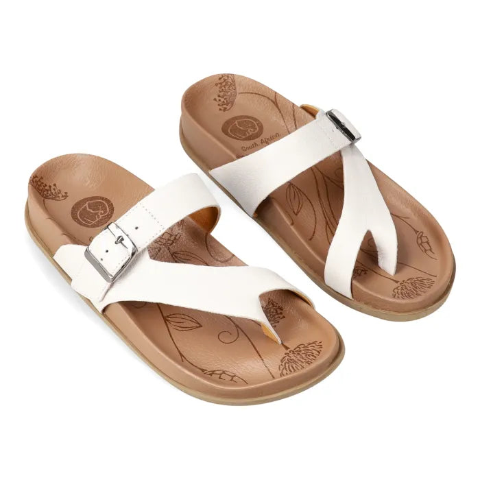 Pair of white sandals with brown soles on a white background