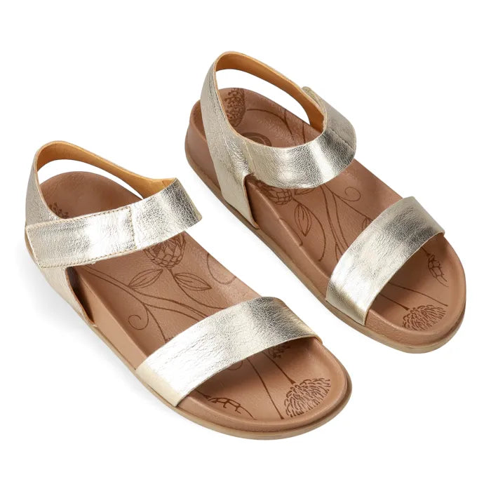 Pair of gold sandals with tan soles on a white background
