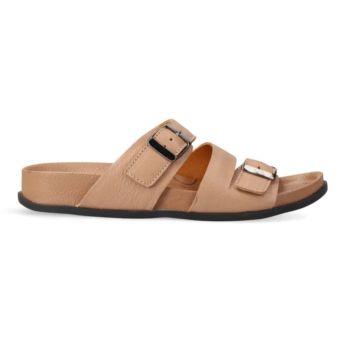 Beige sandal with black sole on a white background