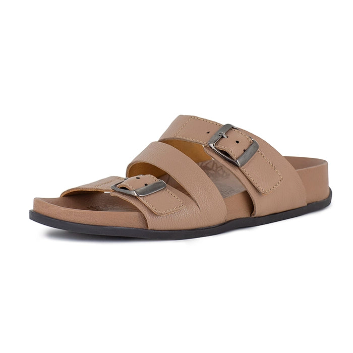 Beige sandal with double buckles on a white background