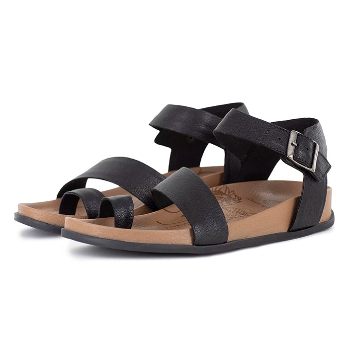 Black sandals with a brown insole on a white background