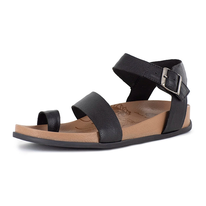 Black sandal with a brown insole on a white background