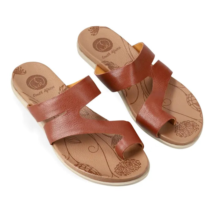 Pair of brown sandals with tan soles on a white background