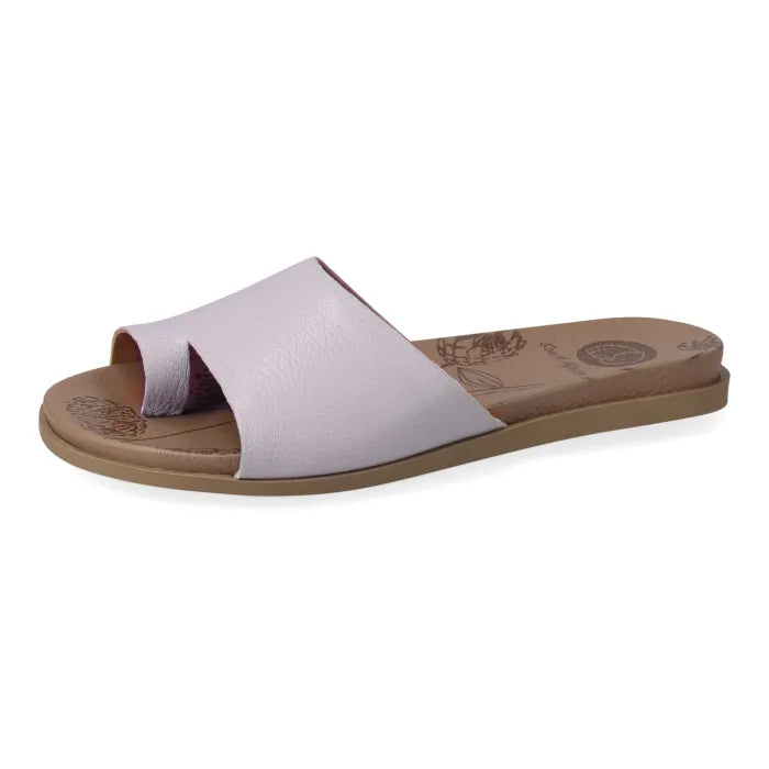 Single sandal with light grey upper and beige sole on a white background