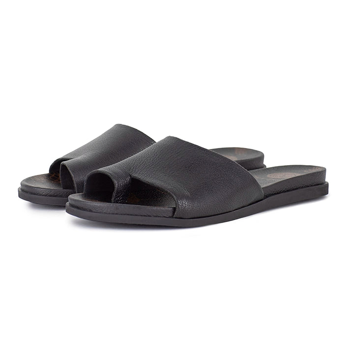 Pair of black leather slides on a white background