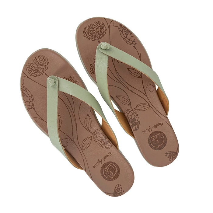 Pair of flip-flops with floral patterns on a white background