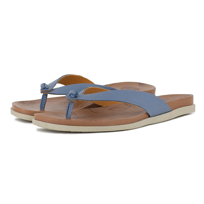 Pair of sandals with blue straps and beige soles on a white background
