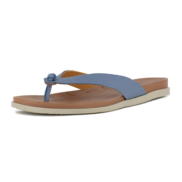 Blue sandal with a beige sole on a white background