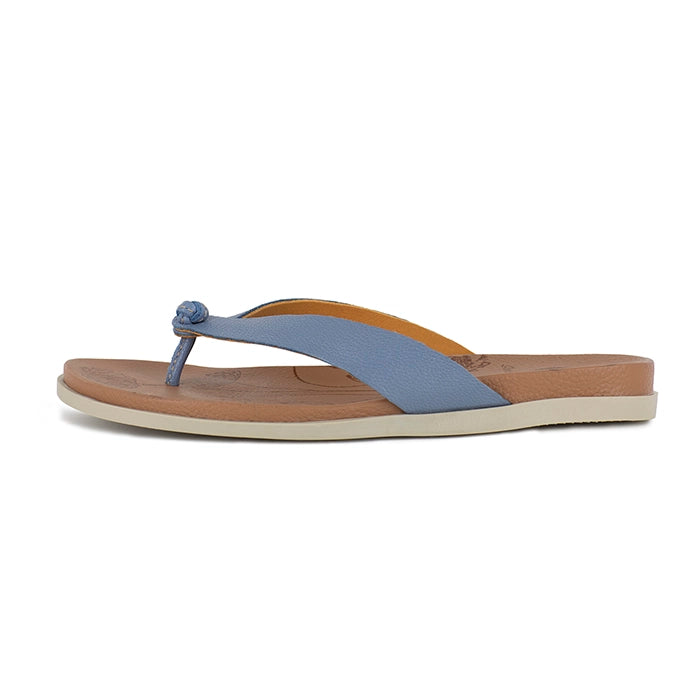 Flip-flop sandal with blue strap and brown sole on a white background