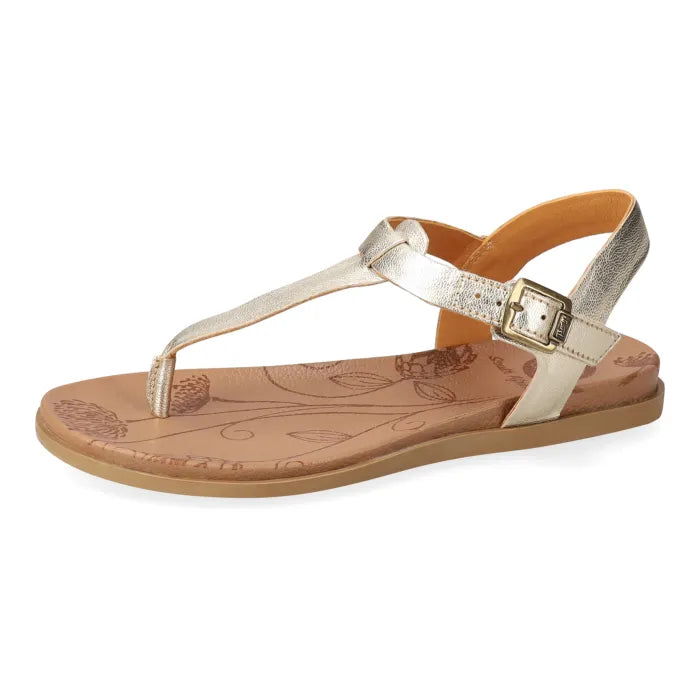 Gold sandal with gold buckle.