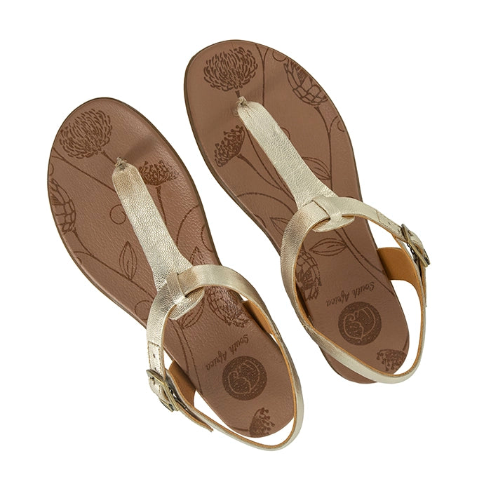 Pair of gold sandals with floral patterns on a white background