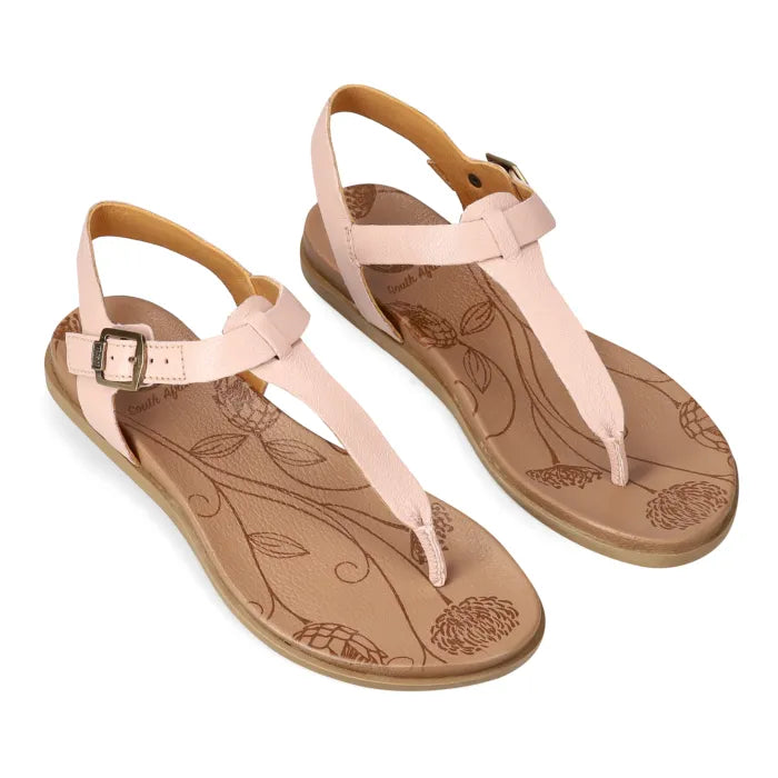 Pink sandal with gold buckle.