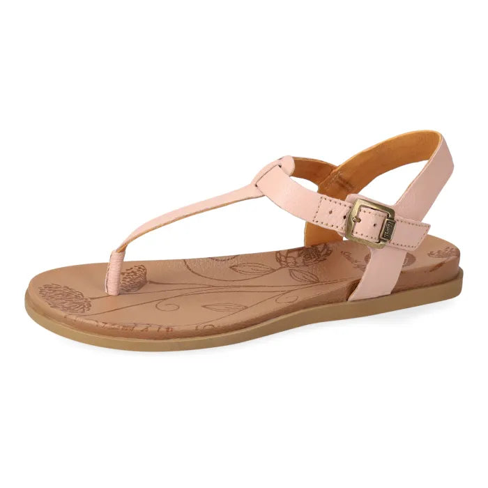 Pink sandal with gold buckle.