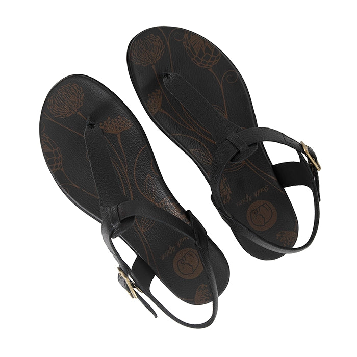 Pair of black sandals with floral patterns on a white background
