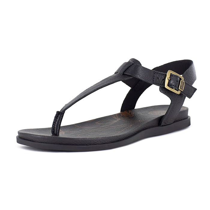 Black sandal with a gold buckle on a white background