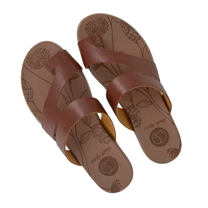 Pair of brown sandals with floral patterns on a white background