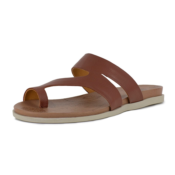 Brown sandal with a off-white sole on a white background