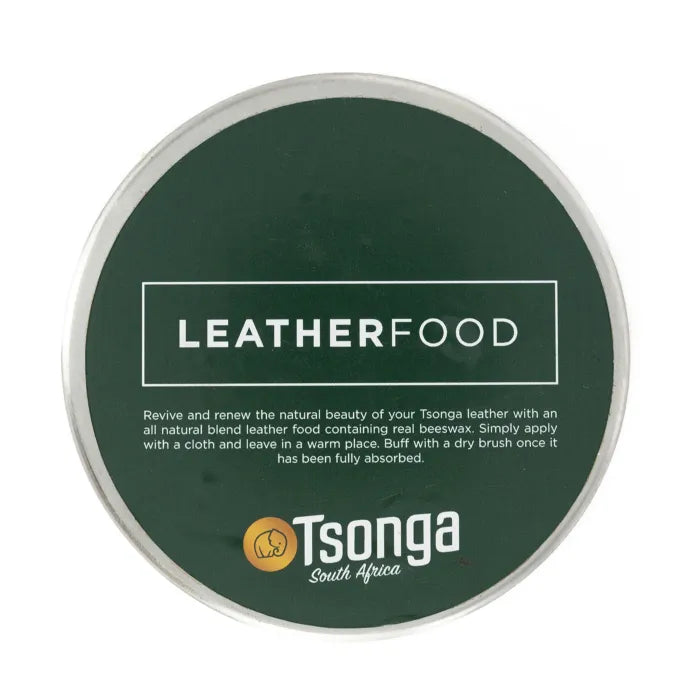 Green container of Tsonga Leather Food with branding on a white background