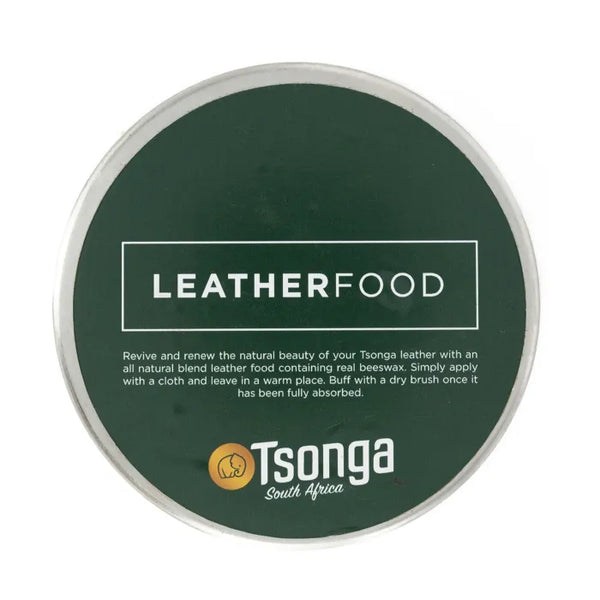 Green container of Tsonga Leather Food with branding on a white background