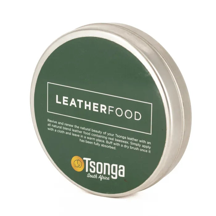 Green container of Leatherfood with Tsonga branding on a white background