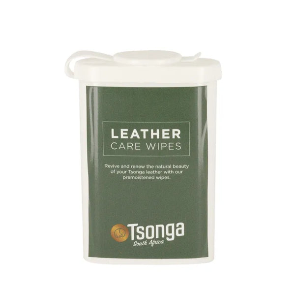 Container of Tsonga leather care wipes on a white background