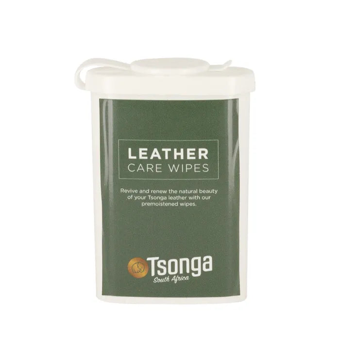 Container of Tsonga leather care wipes on a white background