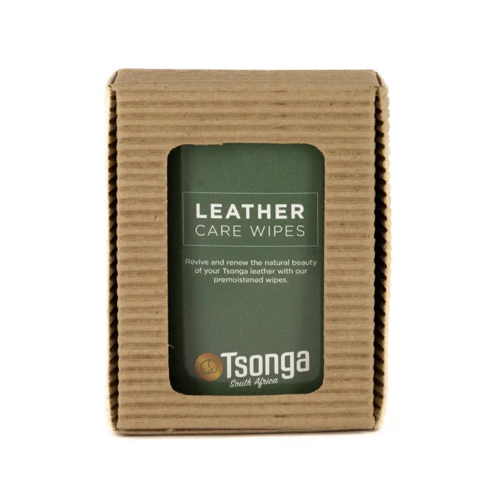 Box of Tsonga leather care wipes on a white background