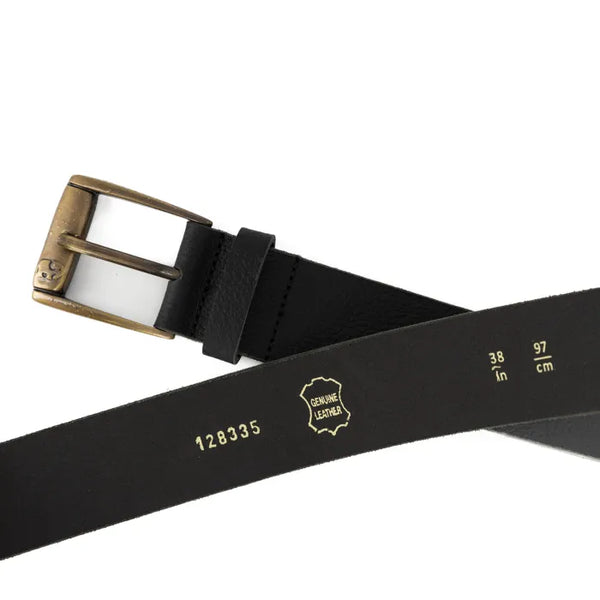 Black belt with brass buckle and measurement details on a white background
