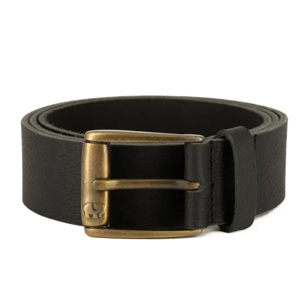 Black leather belt with a brass buckle on a white background
