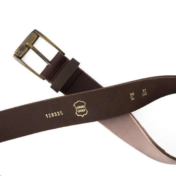 Brown leather belt with brass buckle and visible brand logo on a white background