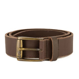 Brown leather belt with brass buckle on a white background