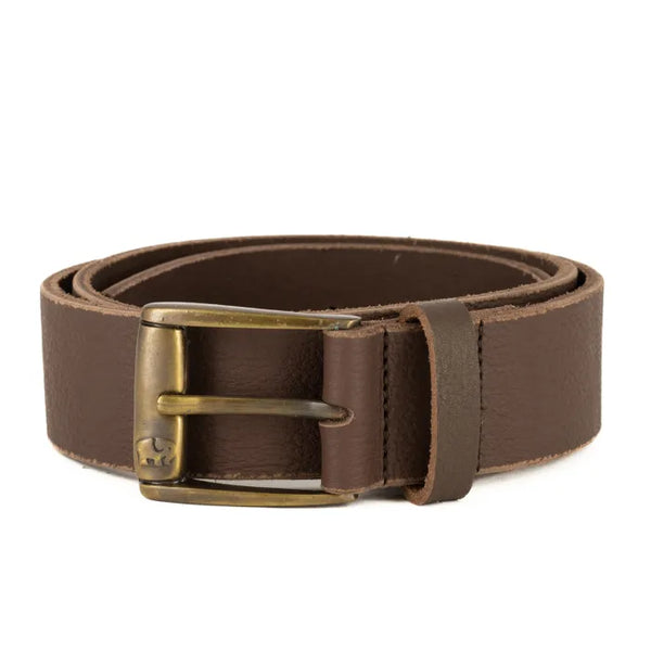 Brown leather belt with brass buckle on a white background