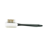 Cleaning brush with white bristles and black handle on a white background