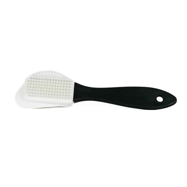 Cleaning brush with black handle and white bristles on a white background