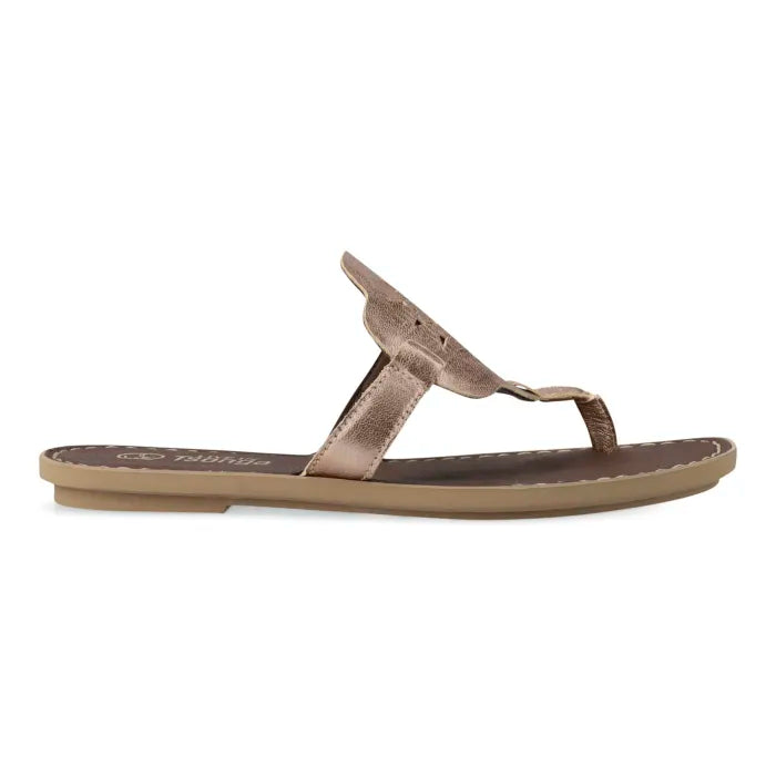 A single women's flat thong sandal in a metallic rose gold finish, shown from the side against a plain white background.