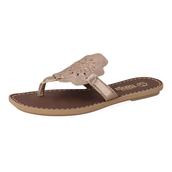 A single women's thong sandal in a metallic rose gold finish with a decorative cutout strap, shown from a side profile on a white background.