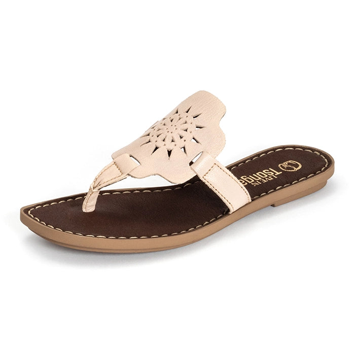 A single women's flat thong sandal shown in a side view on a white background. 