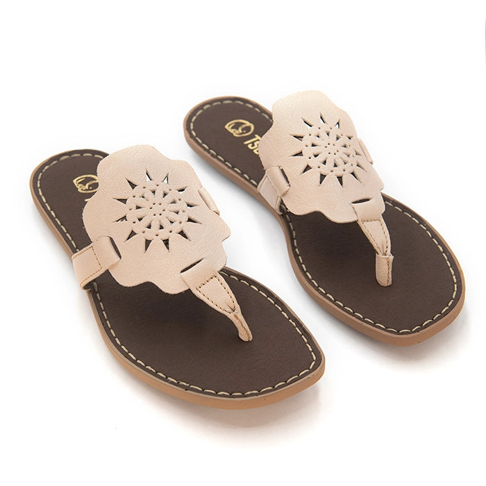 A pair of women's flat thong sandals with beige floral cutout straps and dark brown footbeds, shown on a white background.
