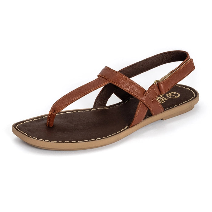 A brown leather thong sandal with a matching adjustable ankle strap and a light tan sole, shown on a plain white background.