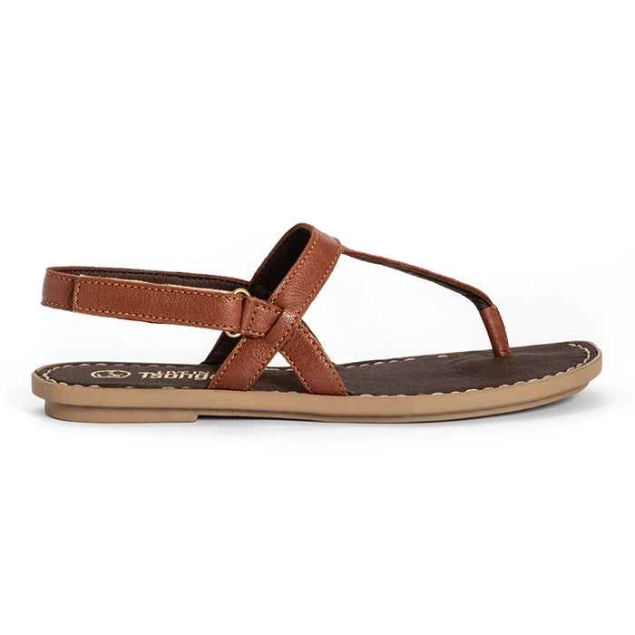 A brown leather flat thong sandal with an adjustable ankle strap and a tan sole, shown in profile against a white background.