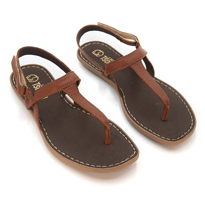 A pair of brown leather T-strap sandals with dark brown footbeds and light beige contrast stitching, displayed on a clean white background.