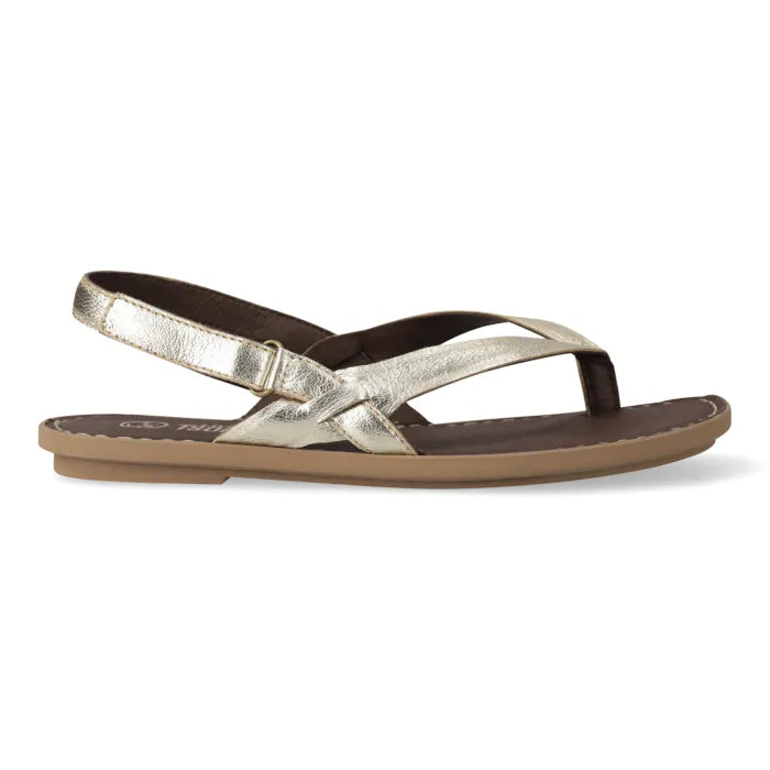 A metallic silver thong sandal with a braided strap design and a brown footbed, shown from a side profile on a white background.