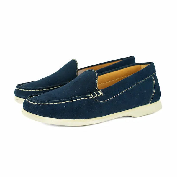 Pair of navy blue loafers on a white background