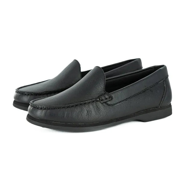 Pair of black leather loafers on a white background
