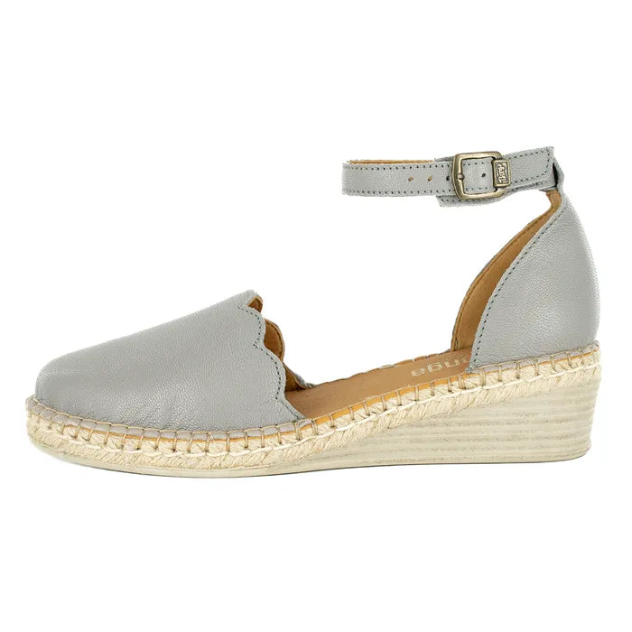 Grey wedge sandal with espadrille sole on a white background