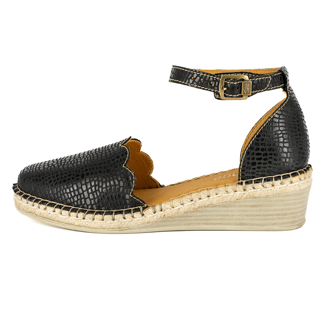 Inkantolo : Ladies Leather Wedge Espadrille in Black Coco Lux